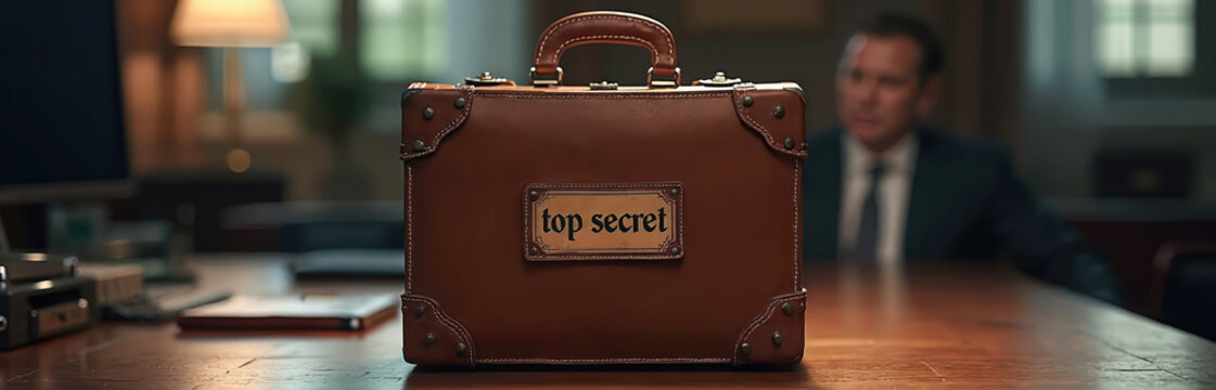 Vintage brown leather briefcase with glowing edges on wooden desk. Briefcase metal clasp, handle. Man in suit sits in blurred background. Briefcase displays top secret label. Office workspace with