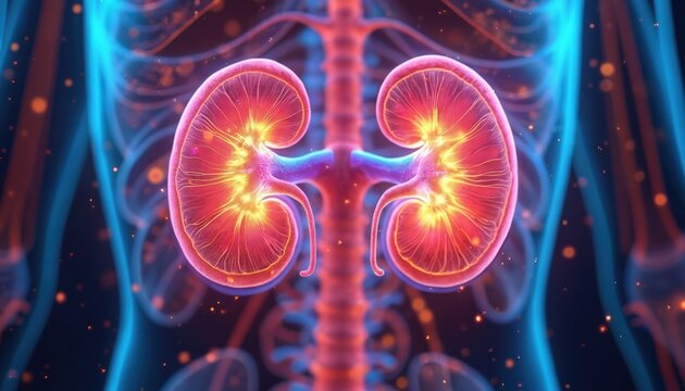 Holographic kidney model for medical study. 3D organ visualisation for students. Human body part hologram for clinics. Glowing medical graphic for anatomy textbook. Virtual renal organ for hospital