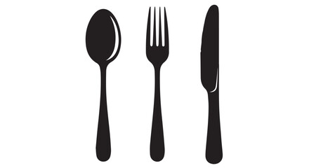 Black silhouette of a spoon, fork, and knife isolated on transparent background