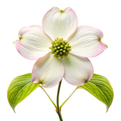 Fototapeta premium Dogwood Flower, White with Pink Edges and Green Leaves, cutout, PNG isolated on transparent background