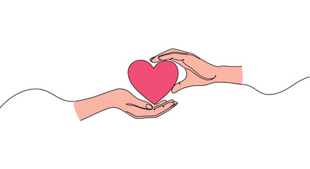 Two hands gently offering and receiving a bright red heart symbol