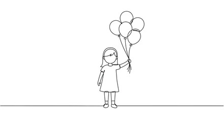 Simple line drawing of a young girl holding a bunch of balloons