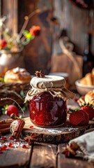 Jar of Homemade Strawberry Jam on Wooden Surface with Cinnamon Sticks and Rustic Background