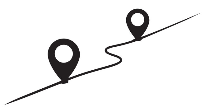 A winding path with two location pins, representing a route or journey, isolated on transparent background