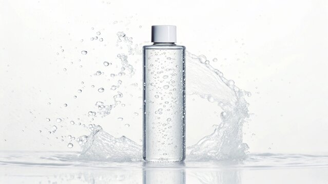 Micellar water bottle with splash on white background