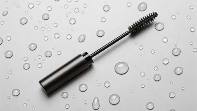 Black mascara brush with water drops on white background
