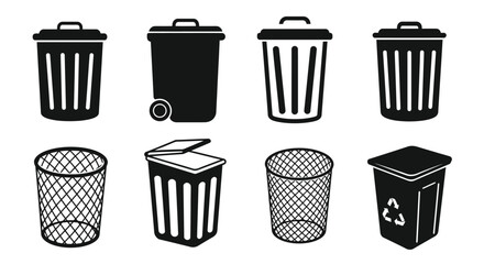 Collection of various black and white trash cans and waste receptacles