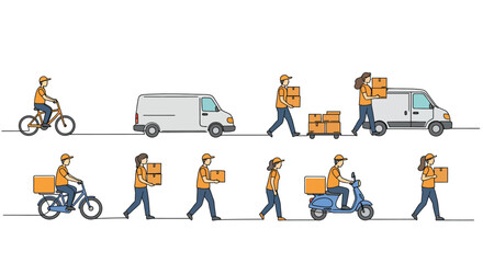 Delivery team transporting packages with various vehicles and efficient logistics
