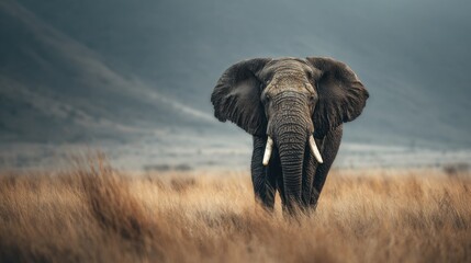 Majestic african elephant with tusks strolls through golden savanna