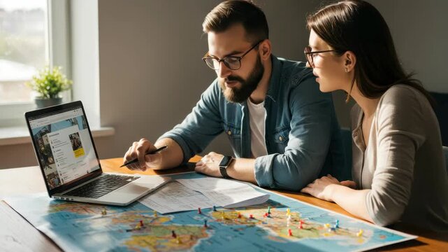 Couple planning travel using laptop and world map
