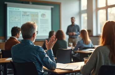 Students attend lecture in classroom. Man raises hand to answer question. Teacher gives lesson to diverse audience. Education setting involves learning, teaching, academic discussion. Back view of