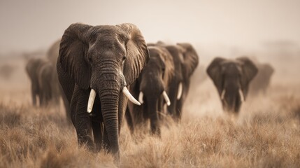 African Elephants Majestic Herd Walking Across Savannah Grassland Plain