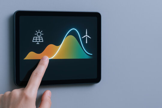 Machine learning concept applied across industries with person interacting on tablet displaying energy data and graphs