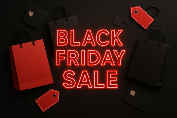 black friday sale background with shopping bags, credit cards, price tags, glowing typography, red and black contrast, modern marketing concept, commercial banner layout, copy space