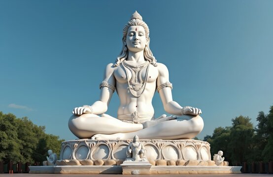 Large serene white Shiva statue outdoors against clear blue sky. Hindu god sculpture meditating with peaceful expression. Religious monument in Rishikesh India popular for yoga spiritual practice.
