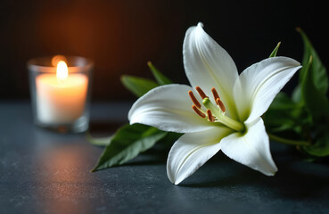 Fototapeta premium White lily flower near lit candle in glass on dark surface. Sympathy concept. Funeral scene. Memorial photo for sorrow grief. Beautiful floral arrangement to remember a deceased person.