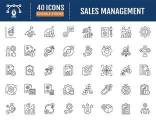 Sales Management icon set. Includes discipline, focused, technique, important, product. Vector illustration with editable strokes