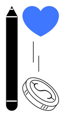 Pencil, blue heart, and coin with dollar sign in minimal composition. Ideal for creativity, passion, economy, value, design fundraising education. Simple flat metaphor