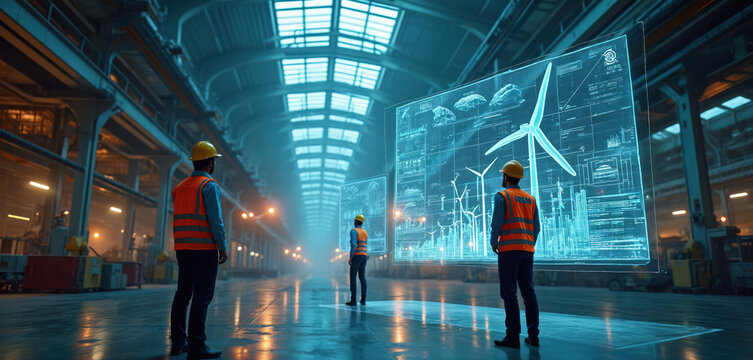 Engineers in hard hats examine large hologram screens showing detailed wind farm designs inside futuristic factory. Men analyze complex project plans, schematics using modern digital tech. Discuss
