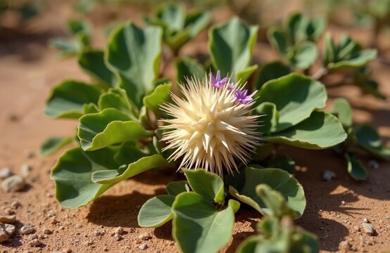 Close up of devils claw plant on sand. Thorny seed pod with purple flowers among green foliage. Selective focus view of arid land flora on sunshine. Plant growing in desert environment.