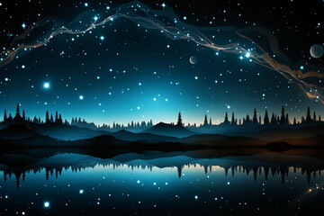 A magical landscape with stars reflecting in a calm lake under a glowing night sky. Silhouetted mountains and distant planets create a dreamy, cosmic atmosphere.