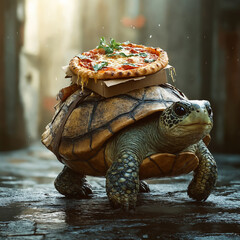 a turtle carrying a pizza on its shell through a city street. The mix of nature and modern life creates a fun and imaginative scene