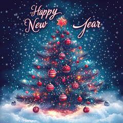 beautifully decorated Christmas tree with glowing lights and snowflakes against a night sky. It conveys the spirit of joy, warmth, and winter magic.