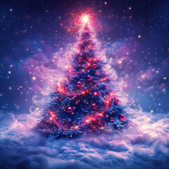 A magical Christmas tree glowing with bright lights against a starry sky with pink and blue nebula and snow