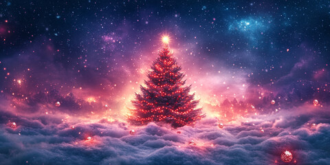 A magical Christmas tree glows among the clouds beneath a starry sky. The soft light and cosmic atmosphere evoke a sense of celebration and wonder.