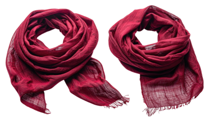 Two crimson cloth scarves shown on black, one draped, one hanging, with textured fabric & loose thread ends