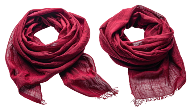 Two crimson cloth scarves shown on black, one draped, one hanging, with textured fabric & loose thread ends