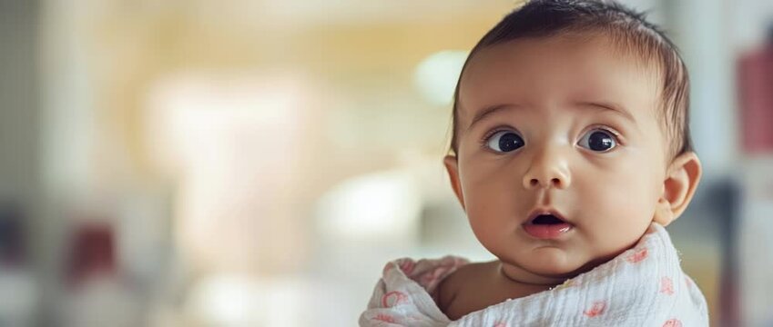An adorable baby with wide eyes looks curiously at the camera. The sweet infant then turns its head, observing something new.