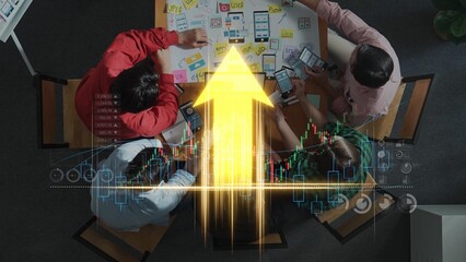 A diverse team collaborates on financial strategy, utilizing technology and market analysis tools, with an upward arrow indicating growth potential in a modern office. Raster