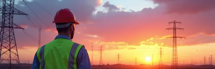 Wandcirkels Koraal An electrical worker observes power lines at sunset. A man wearing a hard hat and safety vest monitors energy distribution. Sunset sky creates a scenic industrial landscape at dusk.  © Viktor