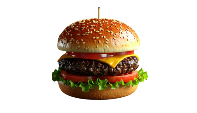 Mouthwatering burger with tomato, lettuce, cheese, and sesame bun on a black background, tempting and appetizing