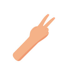 Cartoon style hand with two fingers up sticker. Bare palm gesture showing number two. Simple arm design for math or education, flat format, isolated on white background.