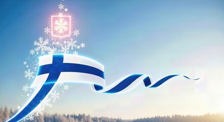 Finland Independence Day greeting. Festive Finnish flag banner with snow elements, celebrating Hyvää itsenäisyyspäivää on December sixth, a national holiday promotion.
