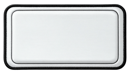 Rectangular white patch with black border. Clean, simple shape for personalization. Modern and minimalist design element