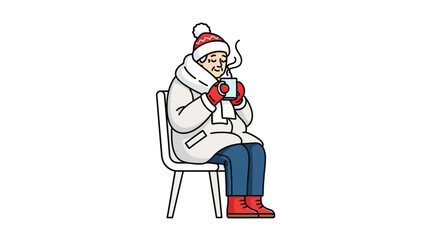 Cozy Winter Scene Woman Enjoying Hot Drink Outdoors. Vector Illustrations. EPS Editable