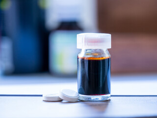 Prescription pills, pill bottles. Medicines that require a prescription. Pharmacy medicines, health, treatment, medicine, medical care, pharmaceutical products. 