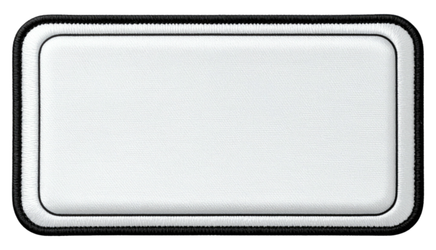 Rectangular white patch with black border. Clean, simple shape for personalization. Modern and minimalist design element