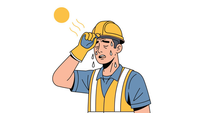 Construction worker sweating profusely under the hot sun wearing safety gear. Vector Illustrations. EPS Editable
