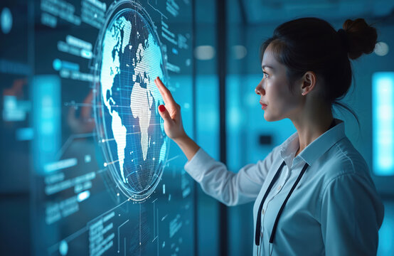 Asian woman interacts with digital world map on touch screen. She explores virtual reality or data analytics software, works with global network or cyber space in tech lab.