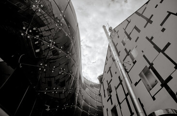 Graz, Austria – July 22, 2025: A close-up of the futuristic facade of Kunsthaus Graz, the...