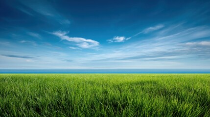 Fototapeta premium Lush Green Grass Under a Vast Blue Sky Beside Tranquil Ocean Waves Creating a Serene Natural Landscape Ideal for Peaceful Scenes and Relaxation