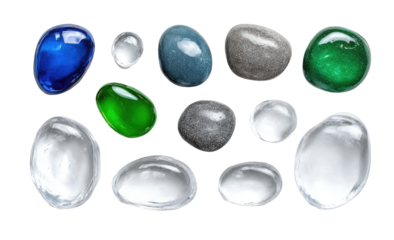 Assortment of polished pebbles in blue, green, gray, and clear on a black backdrop with bright reflections