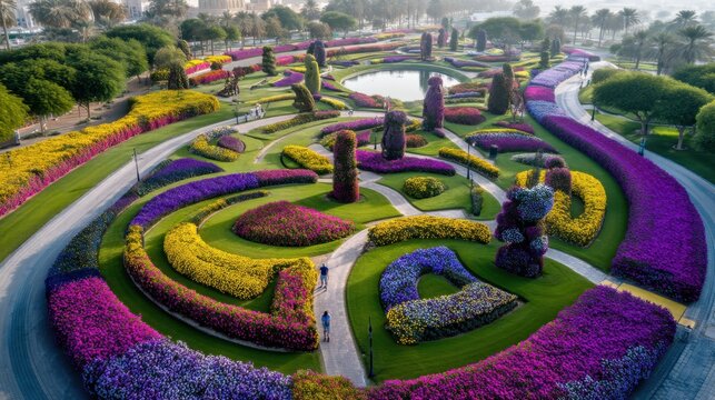 Aerial View of Colorful Floral Garden with Vivid Patterns and Pathways Surrounded by Lush Greenery in a Serene Landscape - Powered by Adobe