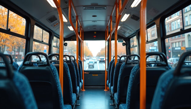 Empty public bus interior view, looking forward. Blue patterned seats, bright orange grab poles line aisle. Road with cars, city buildings, yellow autumn trees visible through windows. Urban public - Powered by Adobe