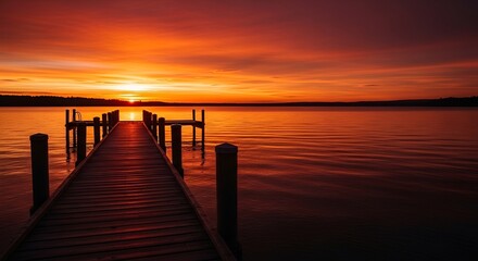 Vibrant Orange Sunset over a Tranquil Lake with a Long Wooden Pier
