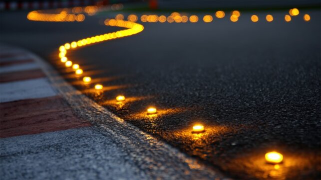 Warm glowing lights lining a winding racetrack edge during twilight, creating an inviting and dynamic atmosphere for nighttime racing events and photography sessions.